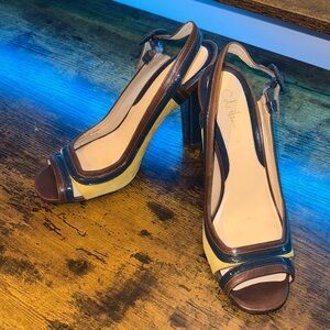 Cole Haan Women’s heels, Air Celeste, Yellow, Navy, Leather, Peep Toe. 8.5